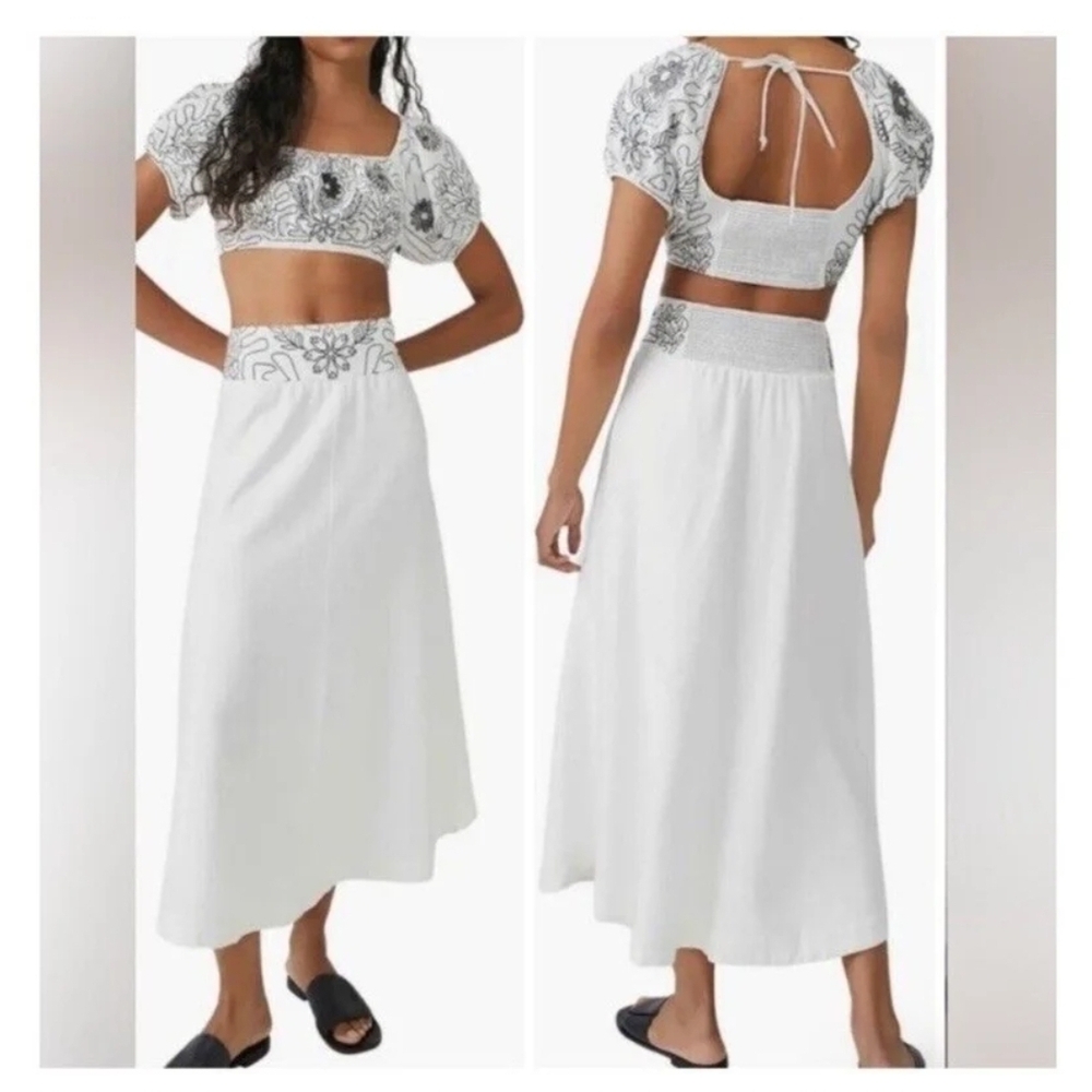 Free People White and Black Embroidered Skirt Set